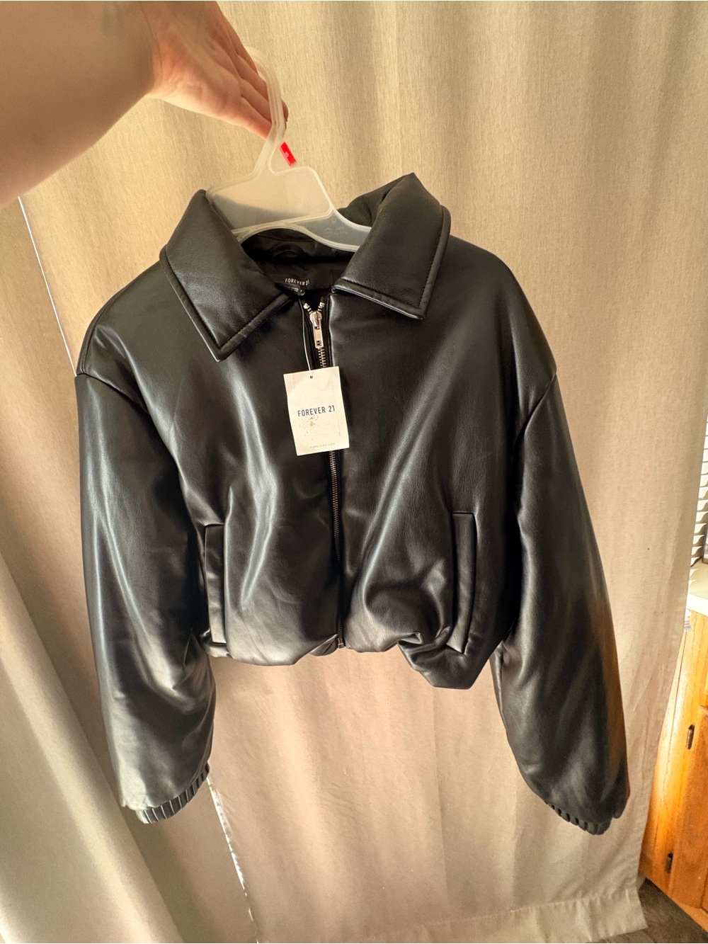 Forever 21 Black Faux Leather Cropped Zip Jacket